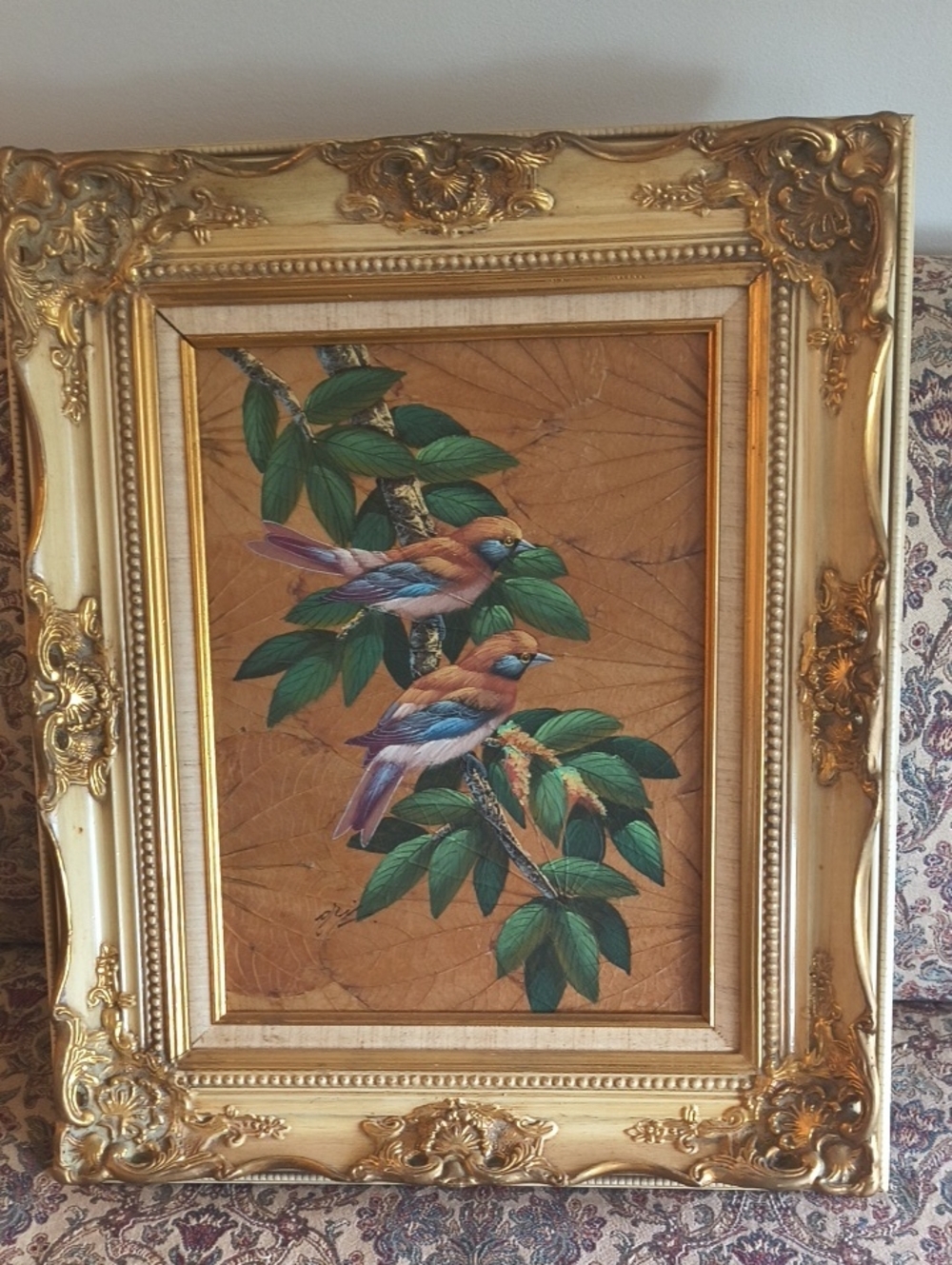 Gold Framed Botanical Bird Leaf Art - Green & Brown